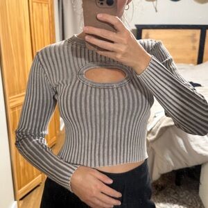 Fashion Nova Striped Gray Cutout Long Sleeve Top